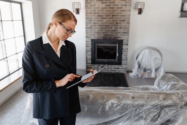 woman in suit and glasses checking a tablet while inside a house